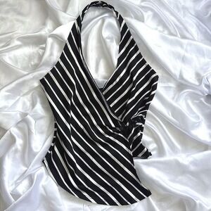 Stacy Black White Striped Halter Wrap Top with Frog Closures Vintage Style